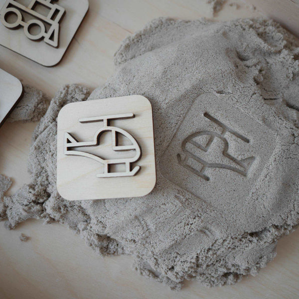 Sandstempel aus Holz mit Fahrzeugen, handgefertigt - Labyrinthkiste