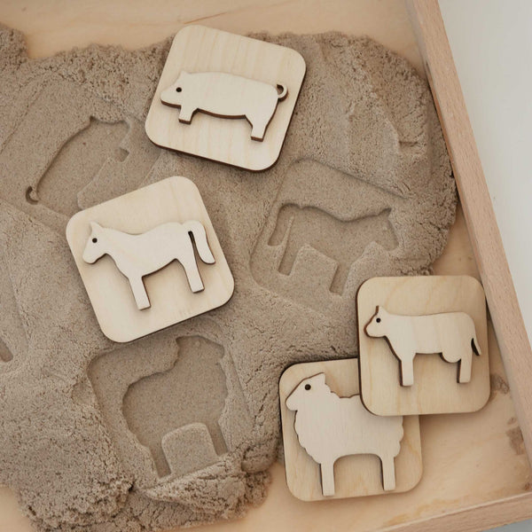 Sandstempel aus Holz mit Bauernhoftieren, handgefertigt