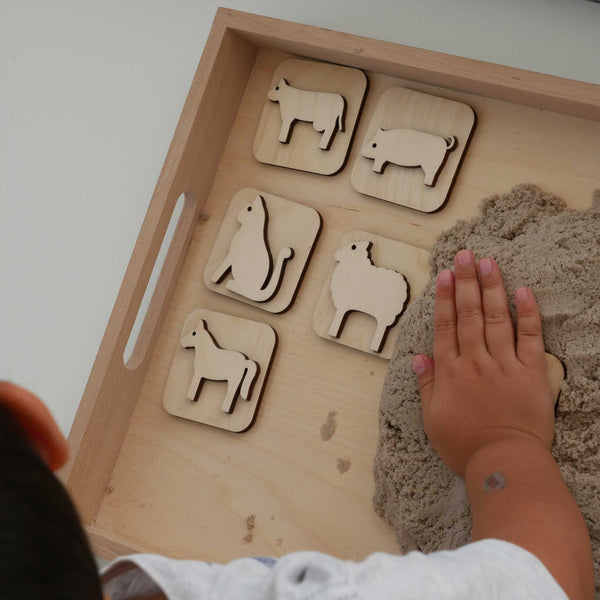 Sandstempel aus Holz mit Bauernhoftieren, handgefertigt