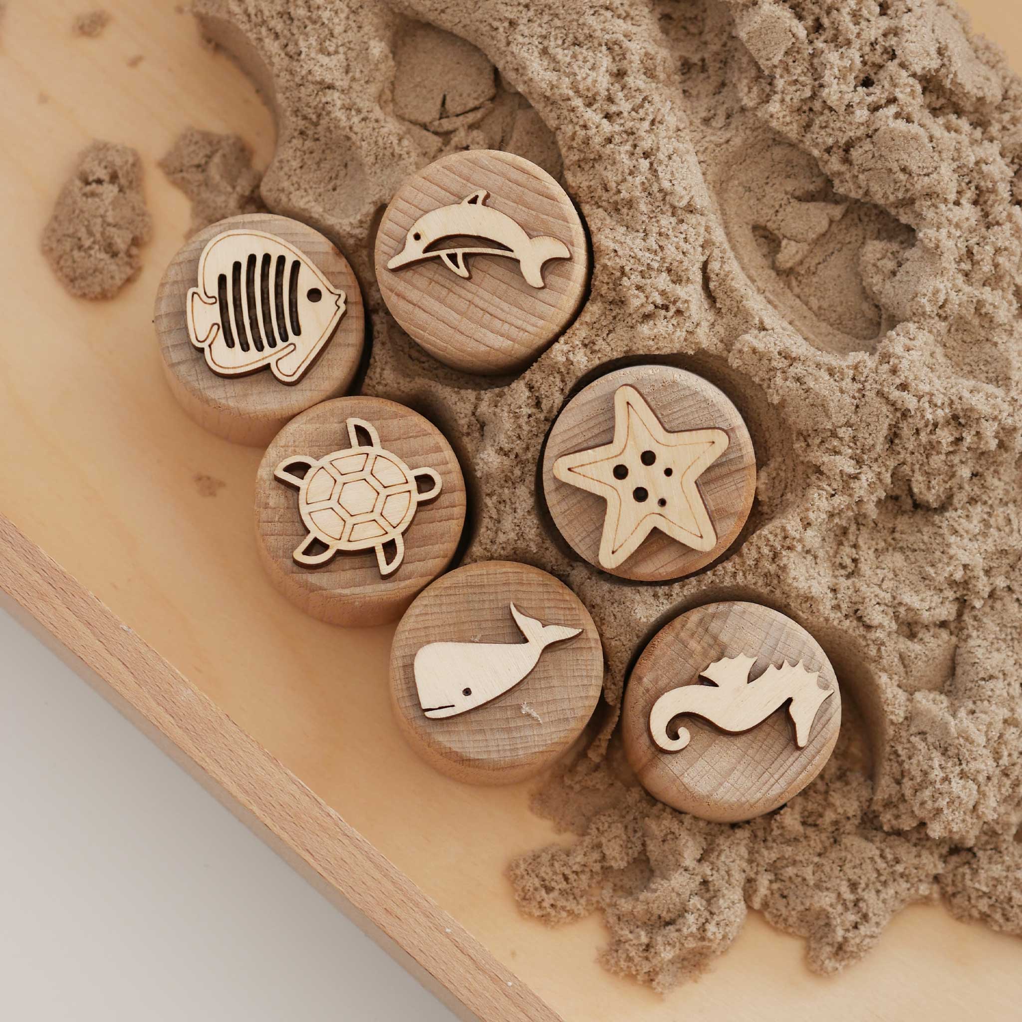 Sandstempel aus Holz mit Meerestieren, handgefertigt