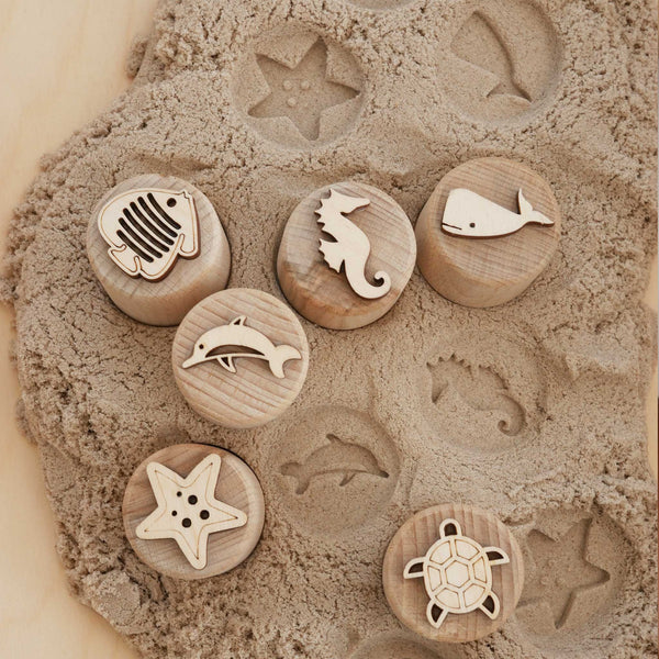 Sandstempel aus Holz mit Meerestieren, handgefertigt