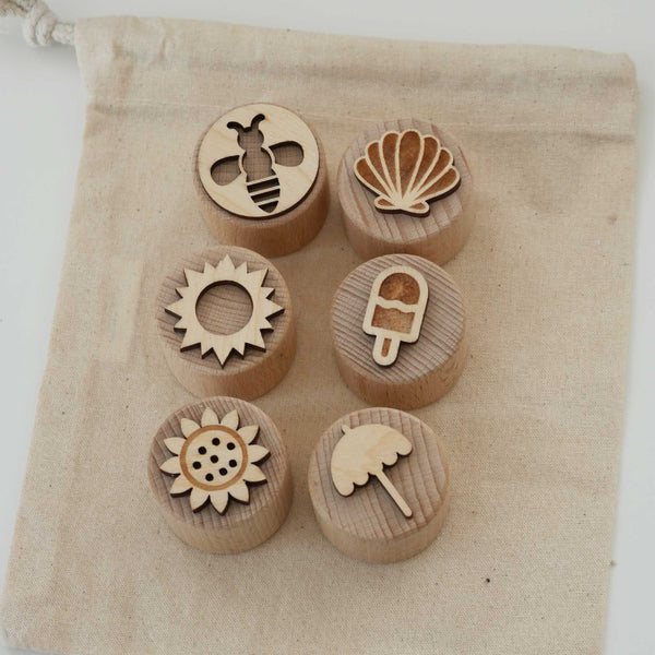 Sandstempel aus Holz mit Sommermotiven, handgefertigt