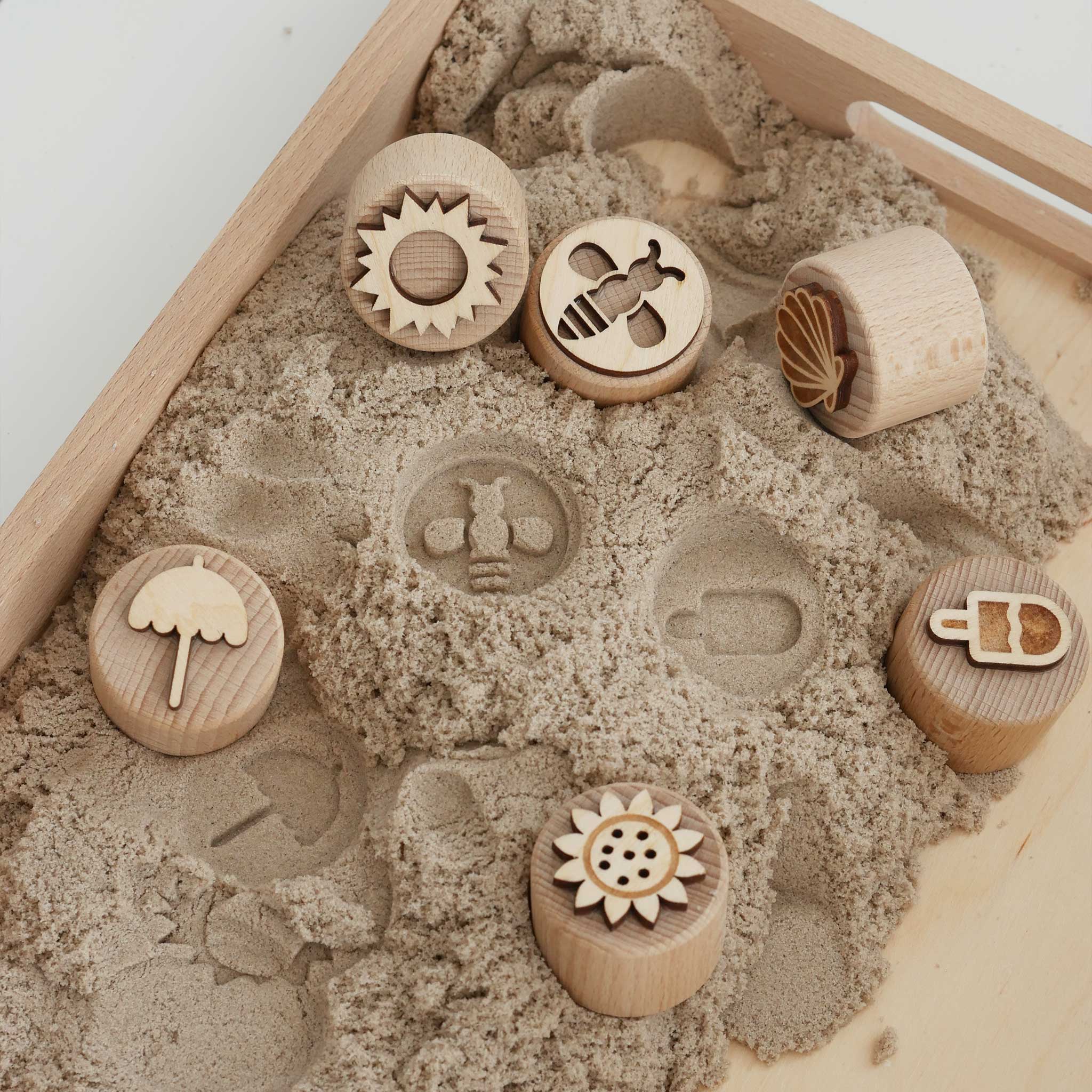 Sandstempel aus Holz mit Sommermotiven, handgefertigt