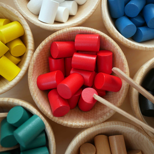 Montessori Holzzylinder für Farbspiele, Zangen- und Sortierübungen
