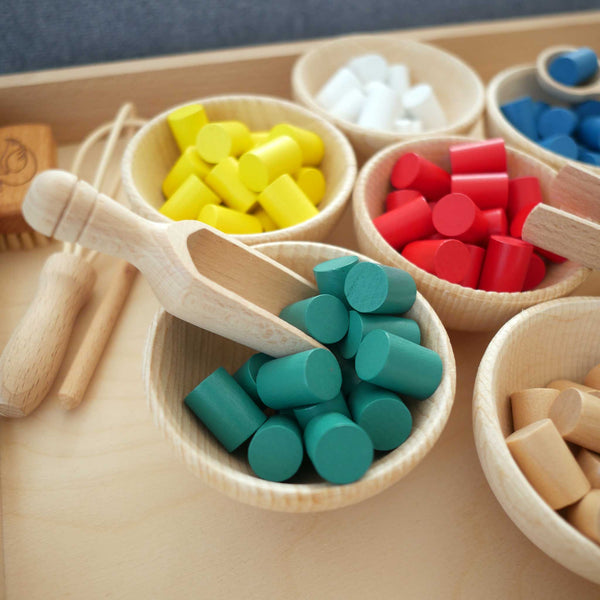 Montessori Holzzylinder für Farbspiele, Zangen- und Sortierübungen